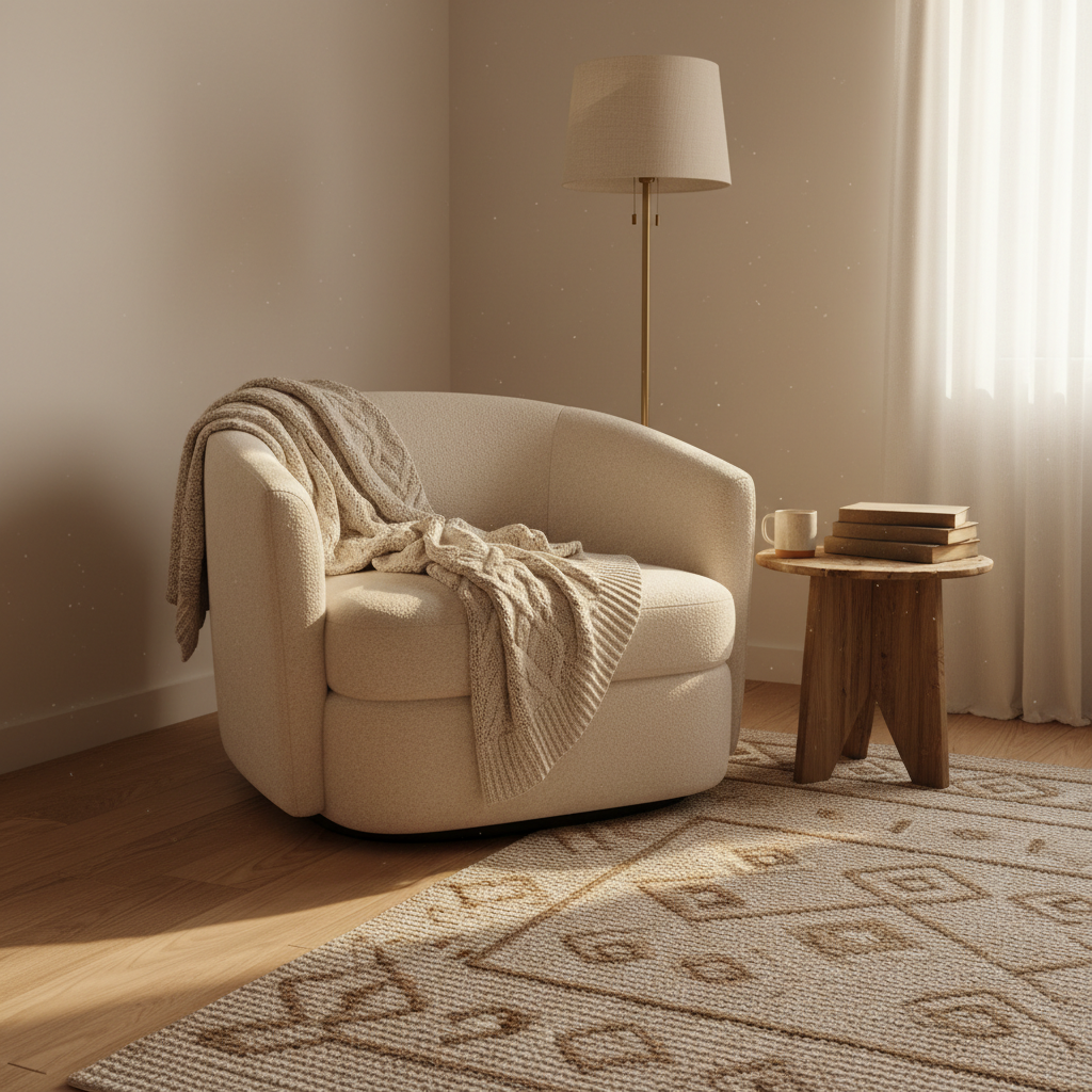 Fauteuil en bouclette avec plaid tricoté dans un coin salon baigné de lumière dorée