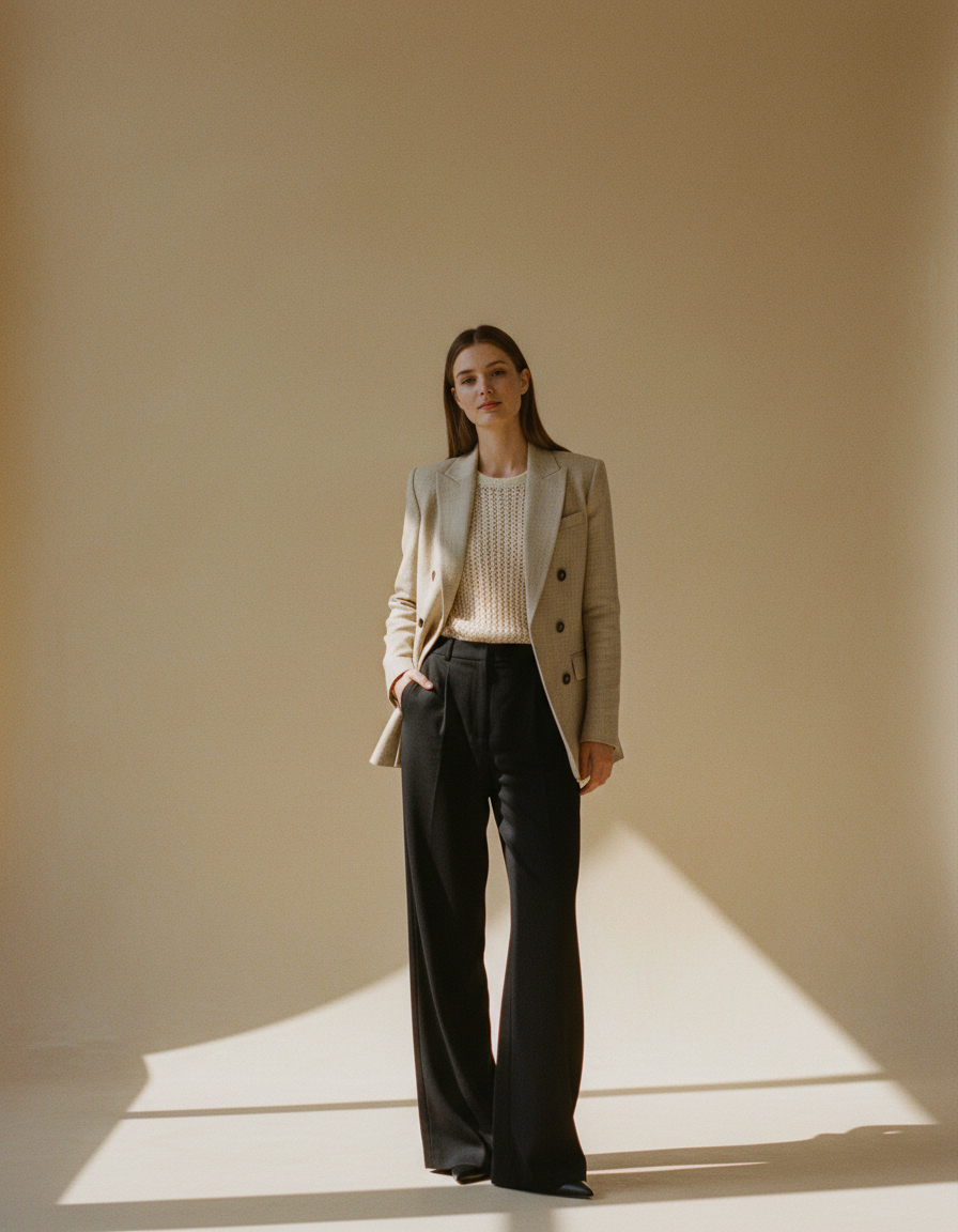 Femme élégante en blazer beige et pantalon noir