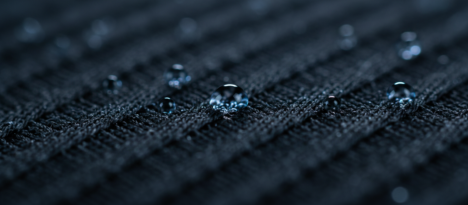 Macro view of technical knit fabric with water beading on the surface