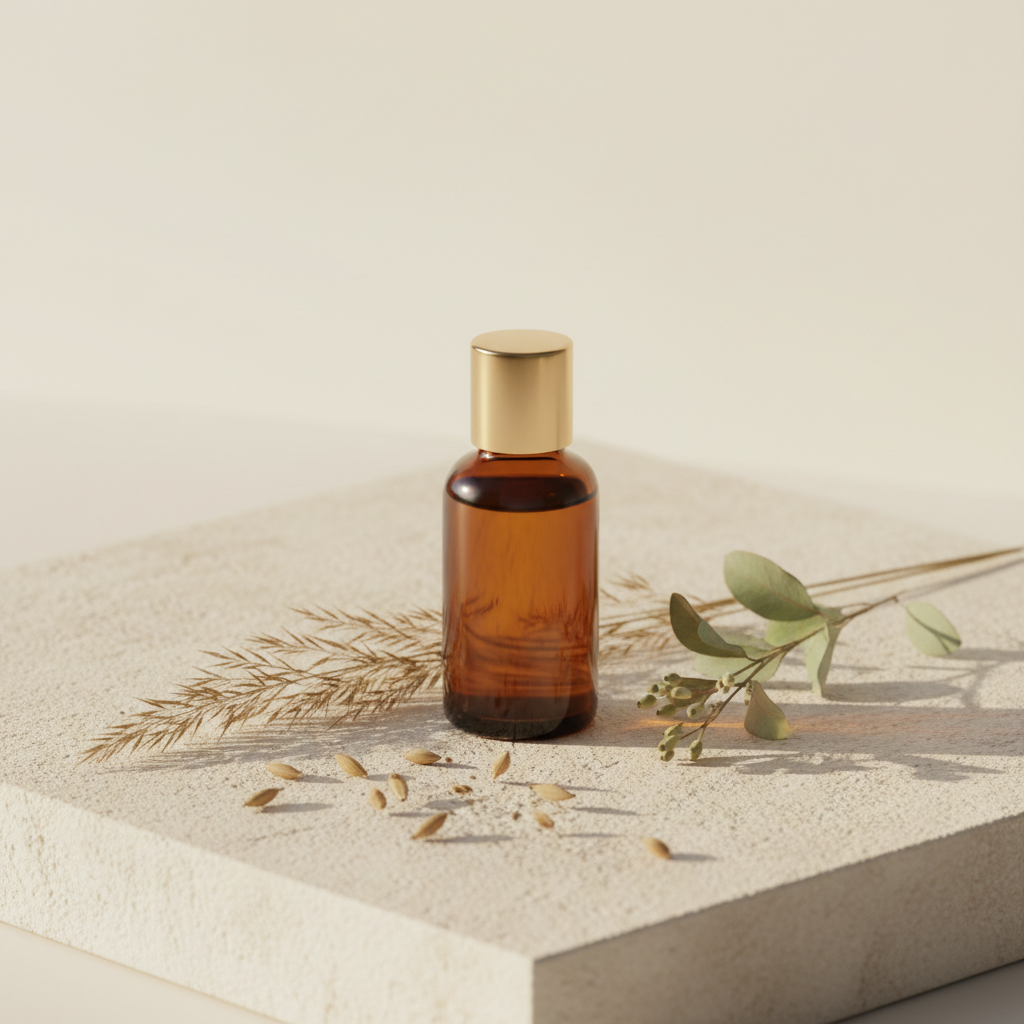 An amber glass bottle of botanical Cyperus oil on a cream limestone surface beside dried seeds and a green sprig