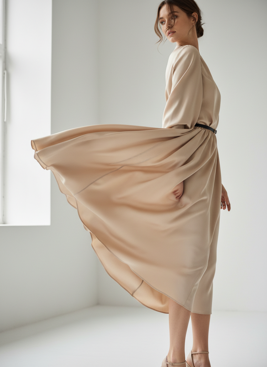 Robe en soie beige portée par une femme, collection L'Art de la Féminité