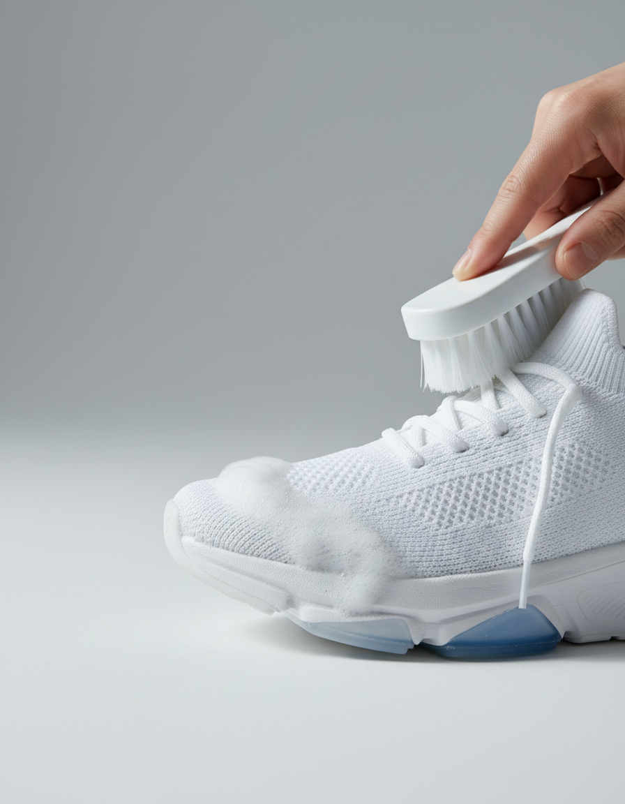 A white knit sneaker upper being cleaned with a brush and light foam