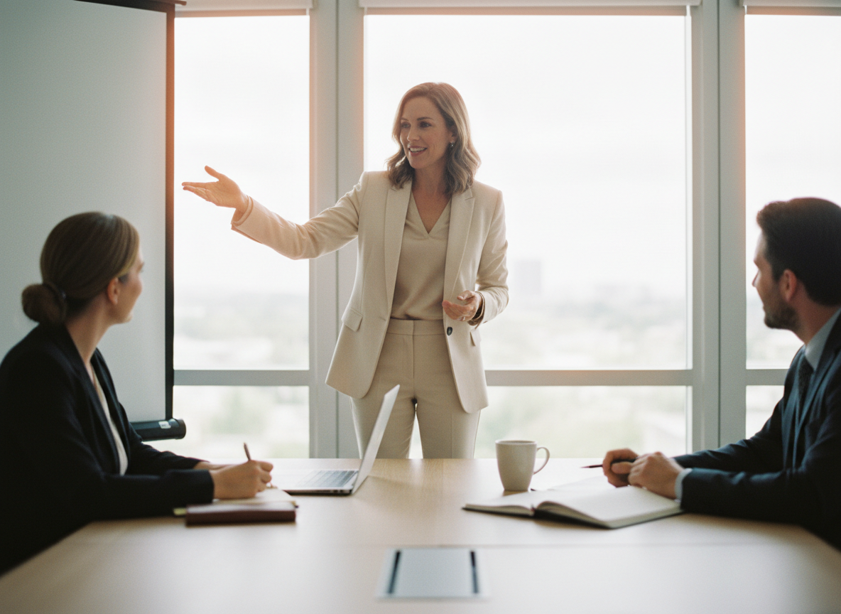 A woman presenting to colleagues in a bright conference room late in the morning