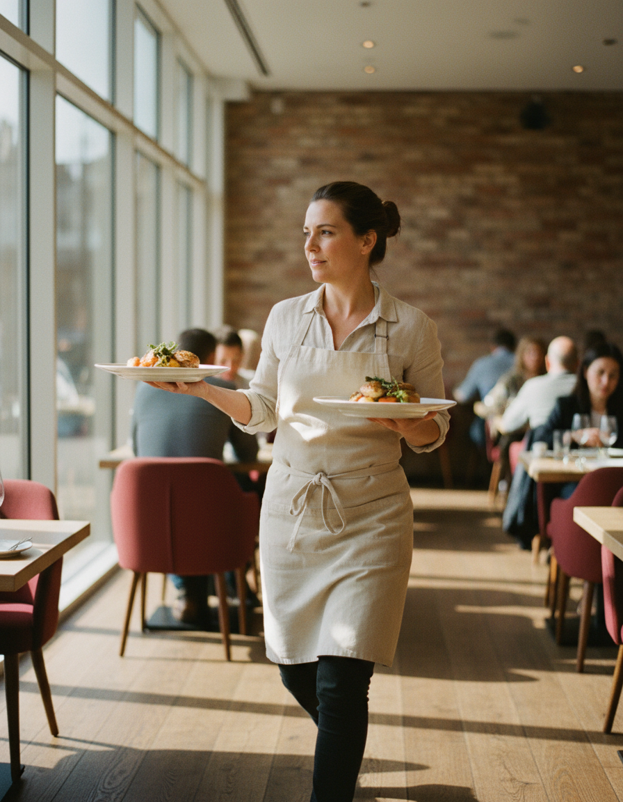 A restaurant server carrying plates along a sunlit pass during the lunch rush