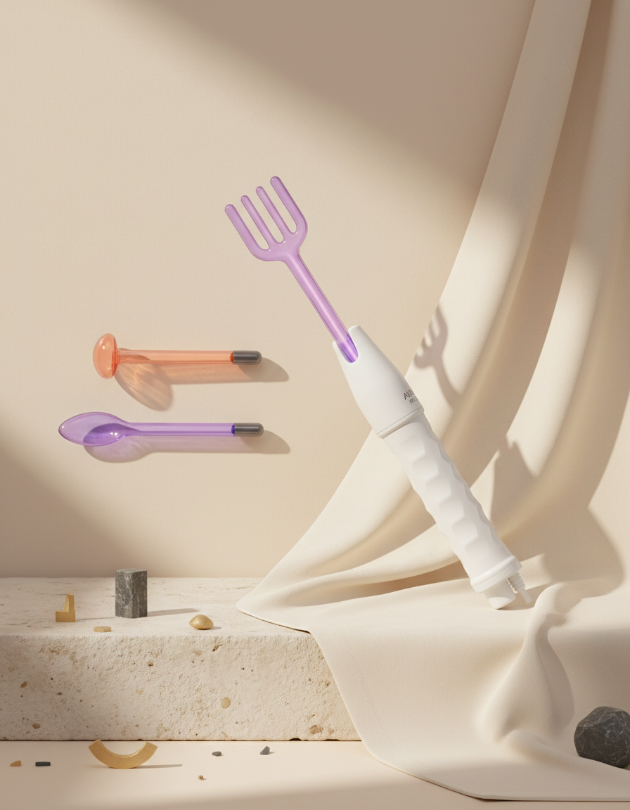 The AuraGlow Professional wand with a glowing violet glass electrode resting on a pale stone ledge beside two spare glass attachments