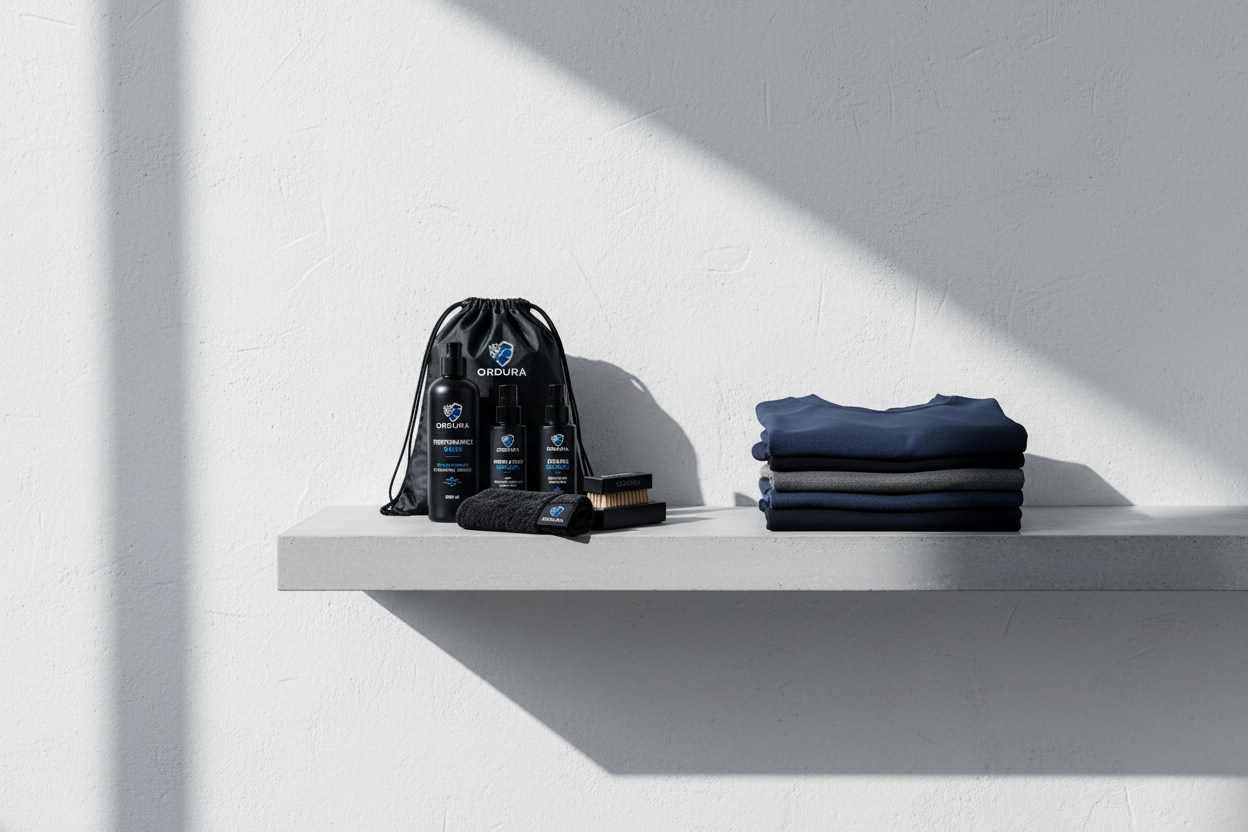 The ORDURA kit bottles, brush, cloth and kit bag on a concrete shelf beside folded activewear
