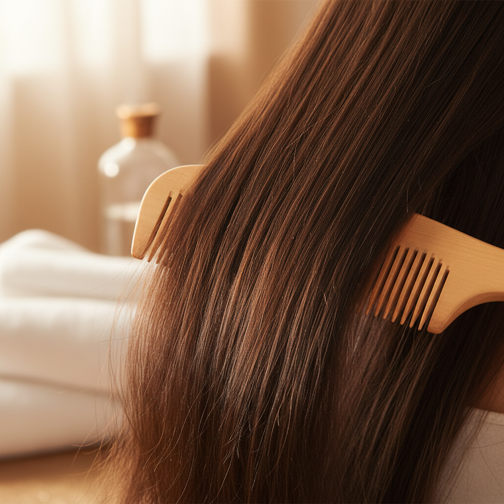 Glossy healthy hair being brushed in warm light