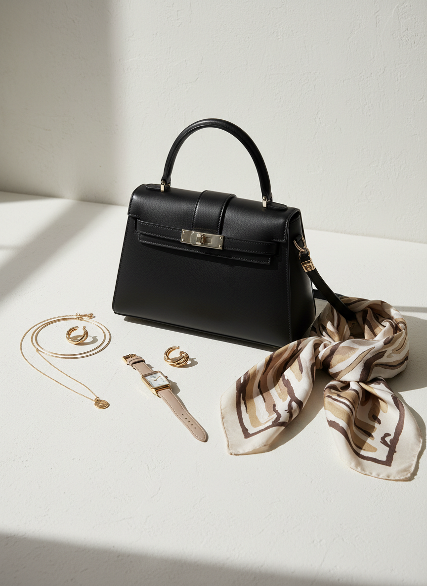 Sac en cuir noir, bijoux dorés, montre et foulard en soie beige