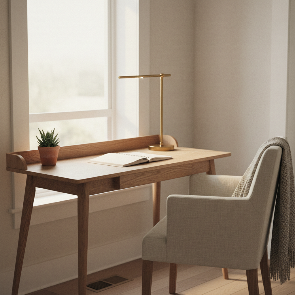 Bureau en chêne près d'une fenêtre avec chaise en lin et lampe laiton