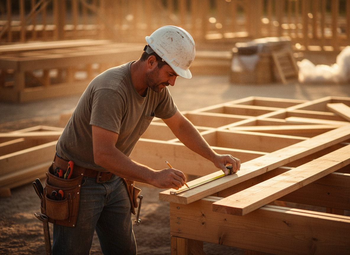 A construction worker measuring framed lumber on site in the late afternoon sun