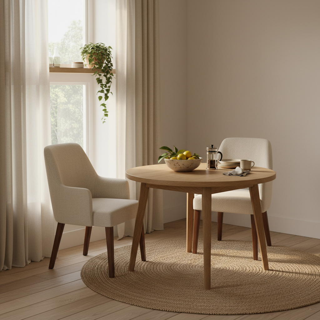 Table à manger ronde en chêne avec deux chaises rembourrées près d'une grande fenêtre
