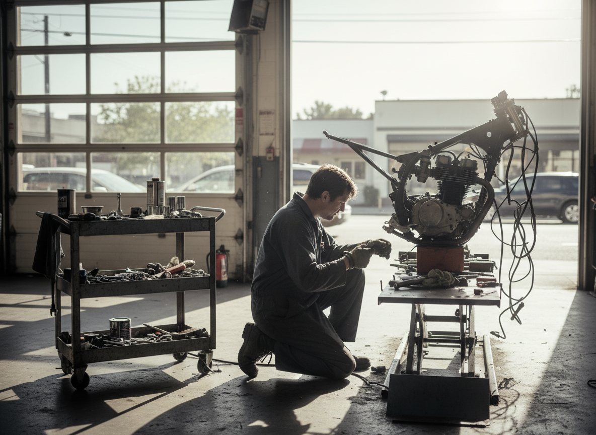 Monteur van RBR Motoren aan het werk aan een motor in de werkplaats