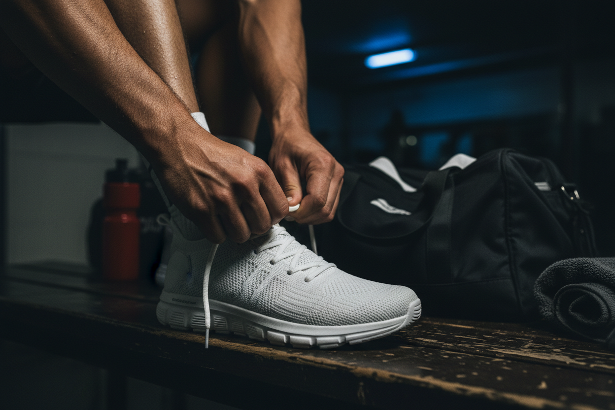 An athlete lacing a white knit training sneaker on a dark locker room bench