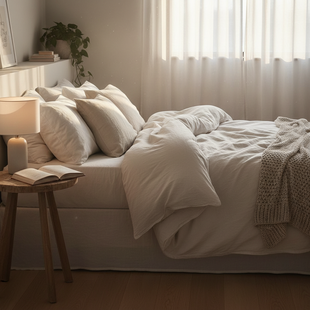 Lit habillé de lin crème avec table de chevet en bois et petite lampe