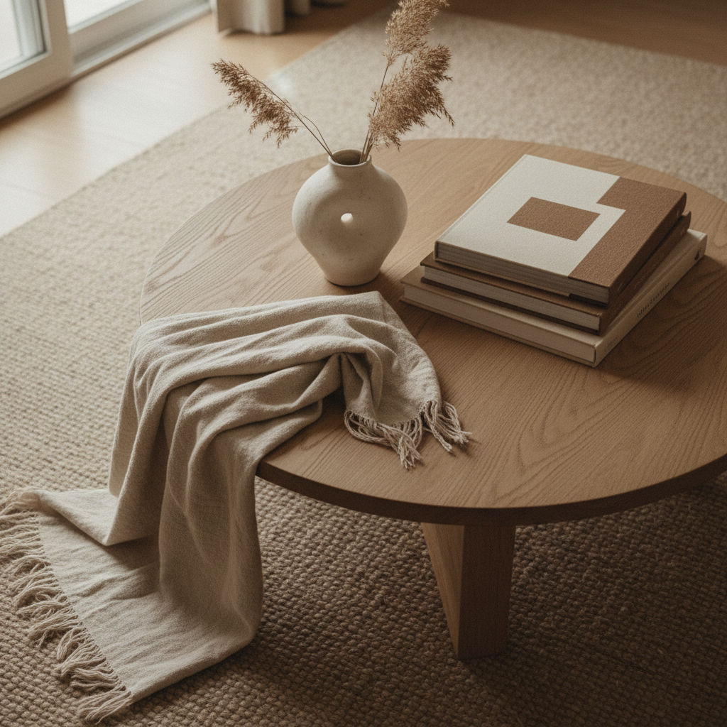 Table basse en chêne avec vase en céramique et livres d'art sur un tapis beige