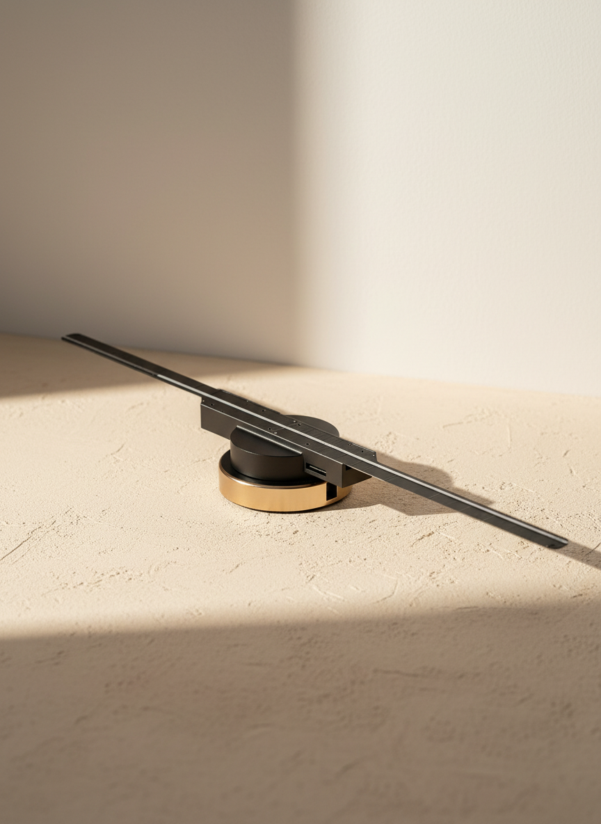 Holographic display gadget on a warm ivory surface in morning light