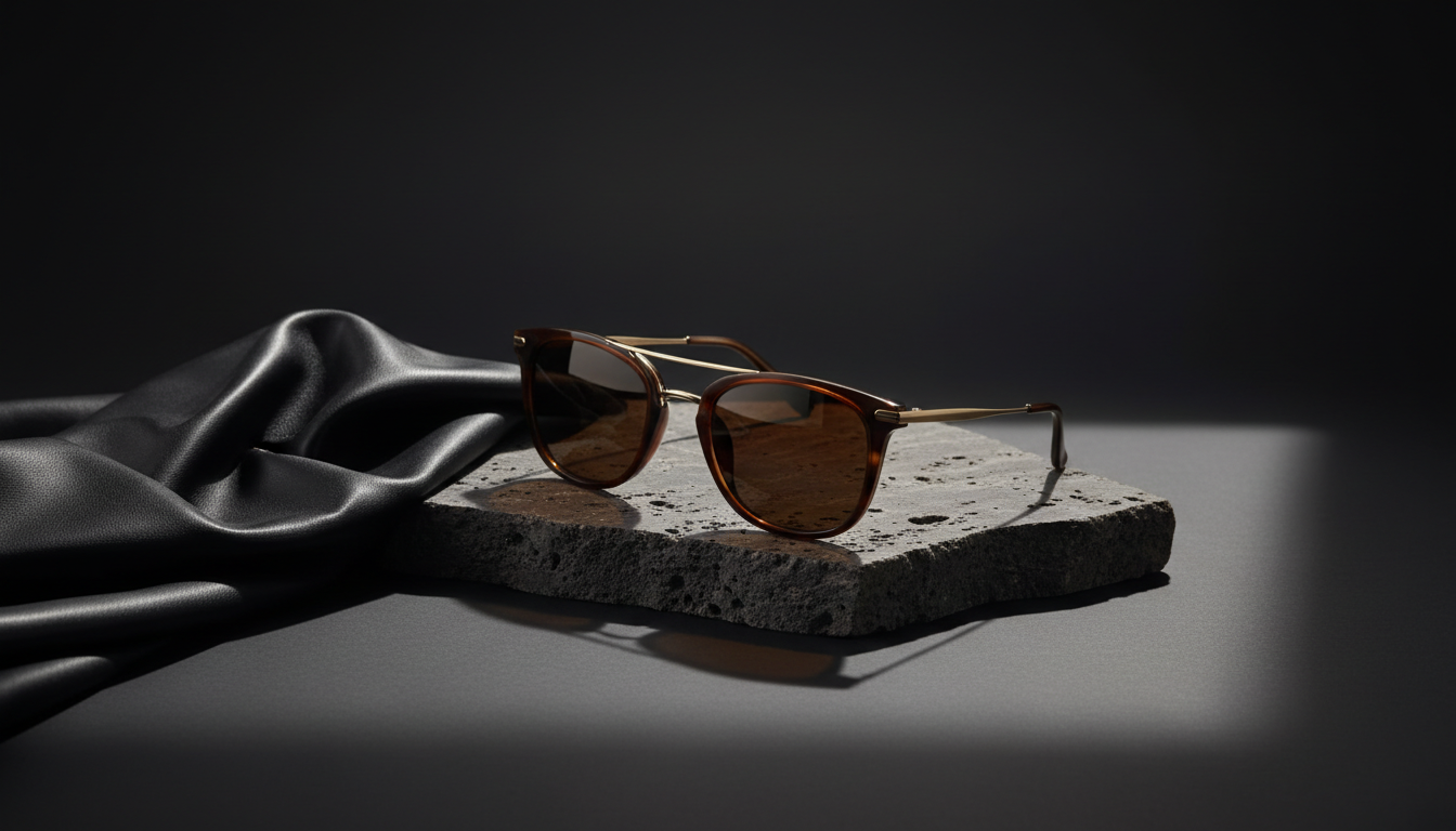 Folded acetate sunglasses with thin gold temples resting on dark travertine stone beside black leather