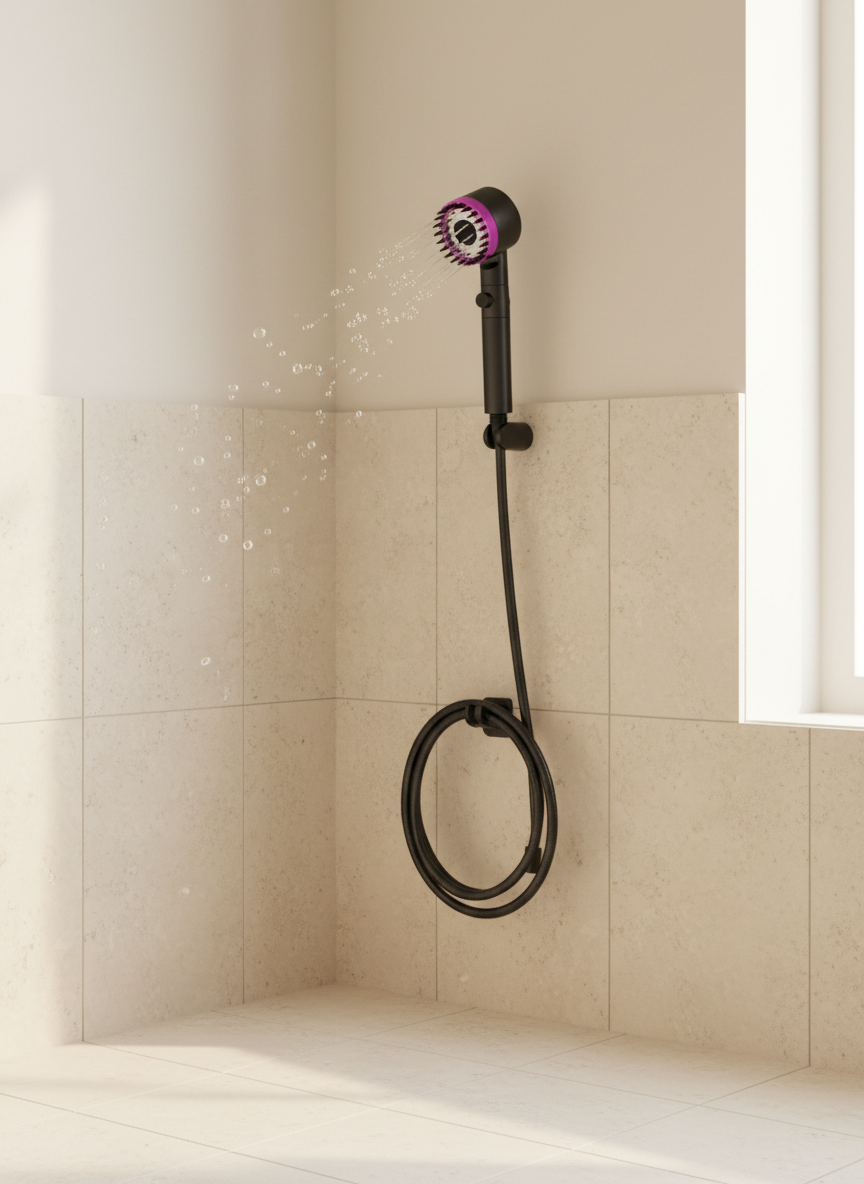 Modern shower head in a bright stone bathroom corner