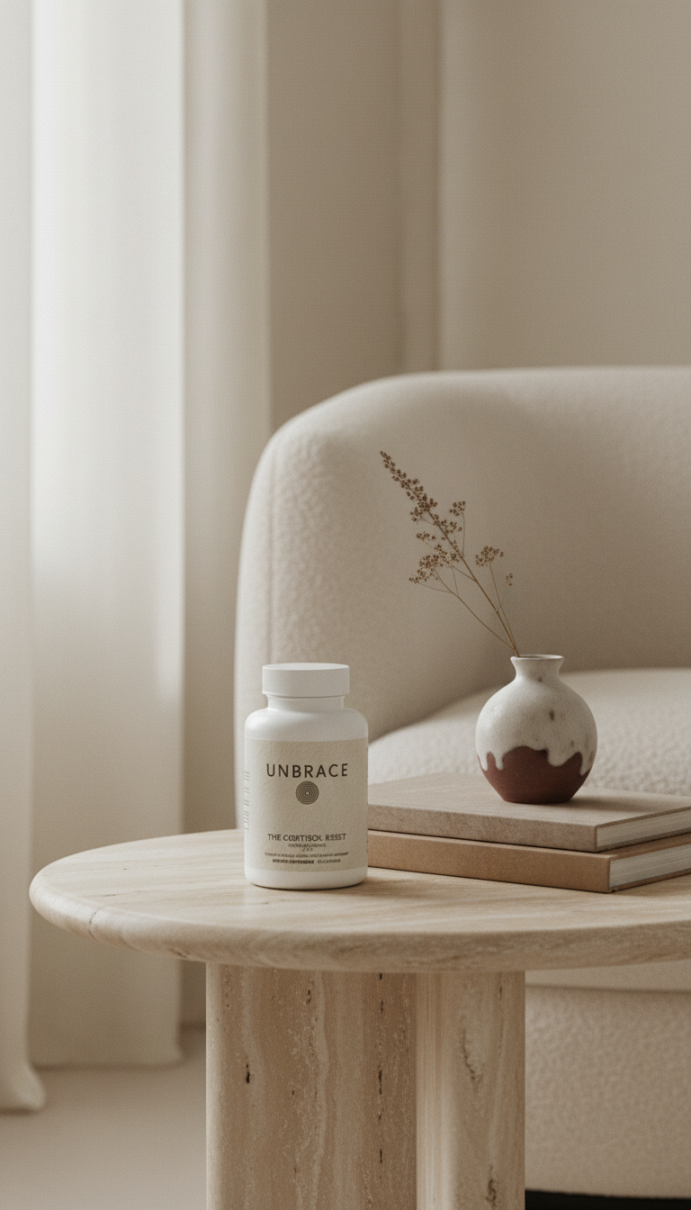 The Cortisol Reset bottle on a travertine side table in a calm living room