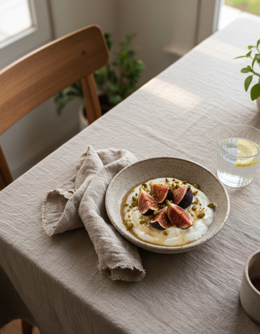 Breakfast from above: a ceramic bowl of yoghurt and figs, linen napkin and glass of water
