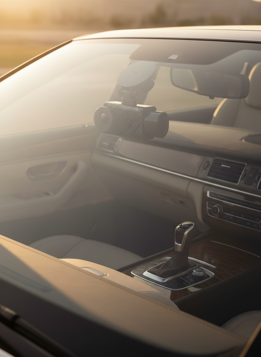 Dashcam mounted in a modern car cabin in warm afternoon light