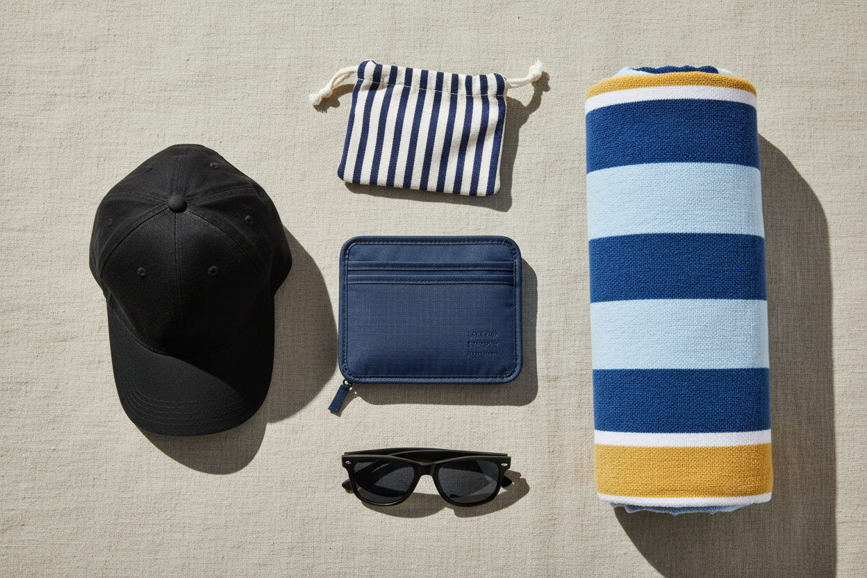 Travel flat lay with a passport organiser, cap, sunglasses and beach towel