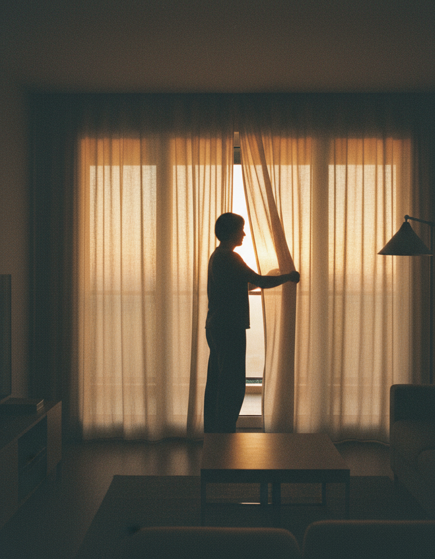 Silhouetted figure drawing sheer linen curtains closed at dusk