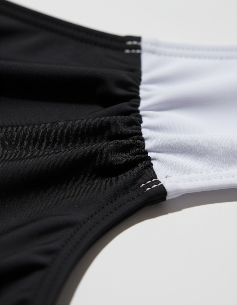 Close-up of the matte black and white panel seam on the swimsuit fabric