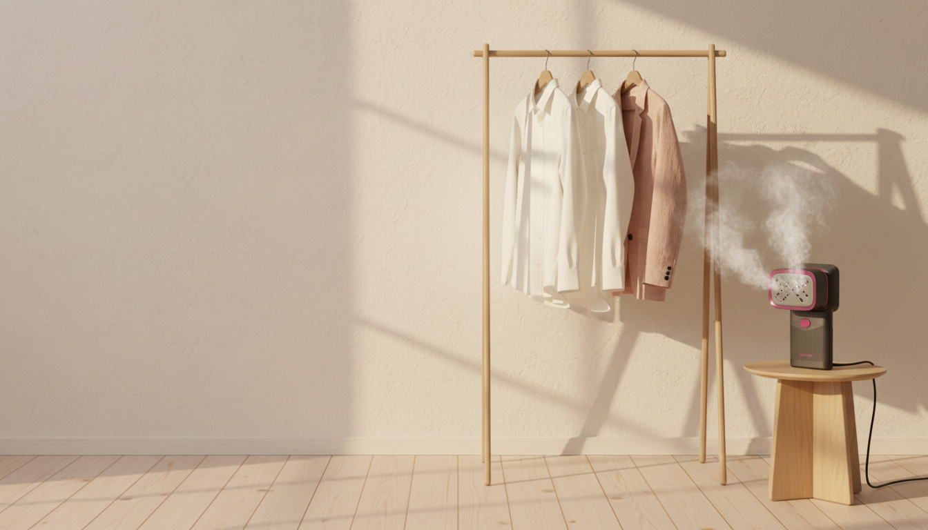 A sunlit bedroom corner with shirts on a wooden rail and a handheld steamer on a side table