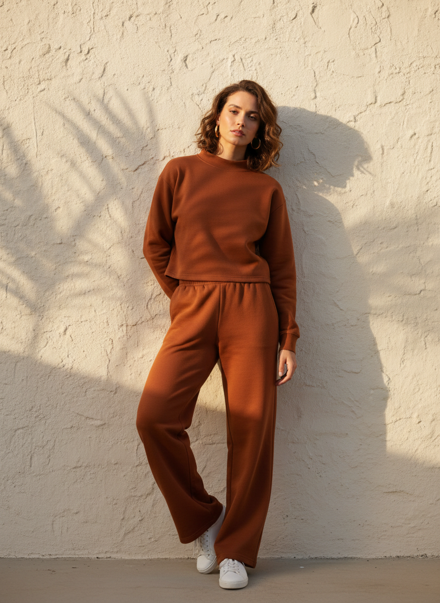 Woman in a cropped mock-neck sweatshirt and wide-leg sweatpants against a cream plaster wall