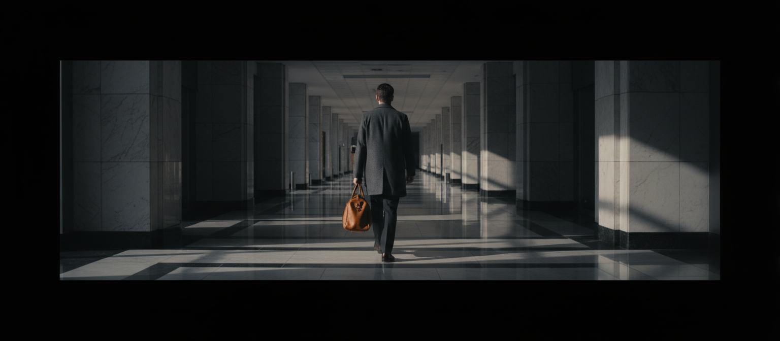 A traveller walking through an empty marble airport corridor at dawn
