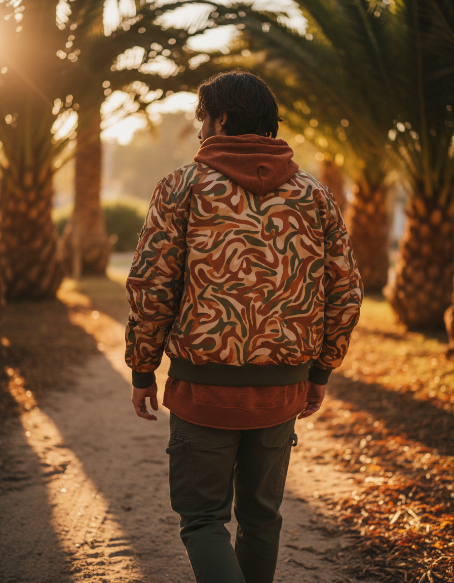 Person wearing an all-over print bomber jacket over a hoodie, walking through dappled palm shade at golden hour