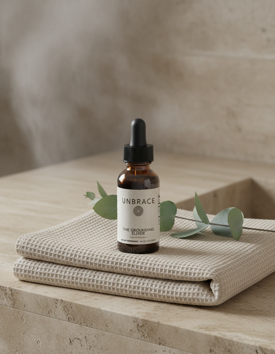 The Grounding Elixer on a travertine bathroom ledge next to a folded linen towel and eucalyptus
