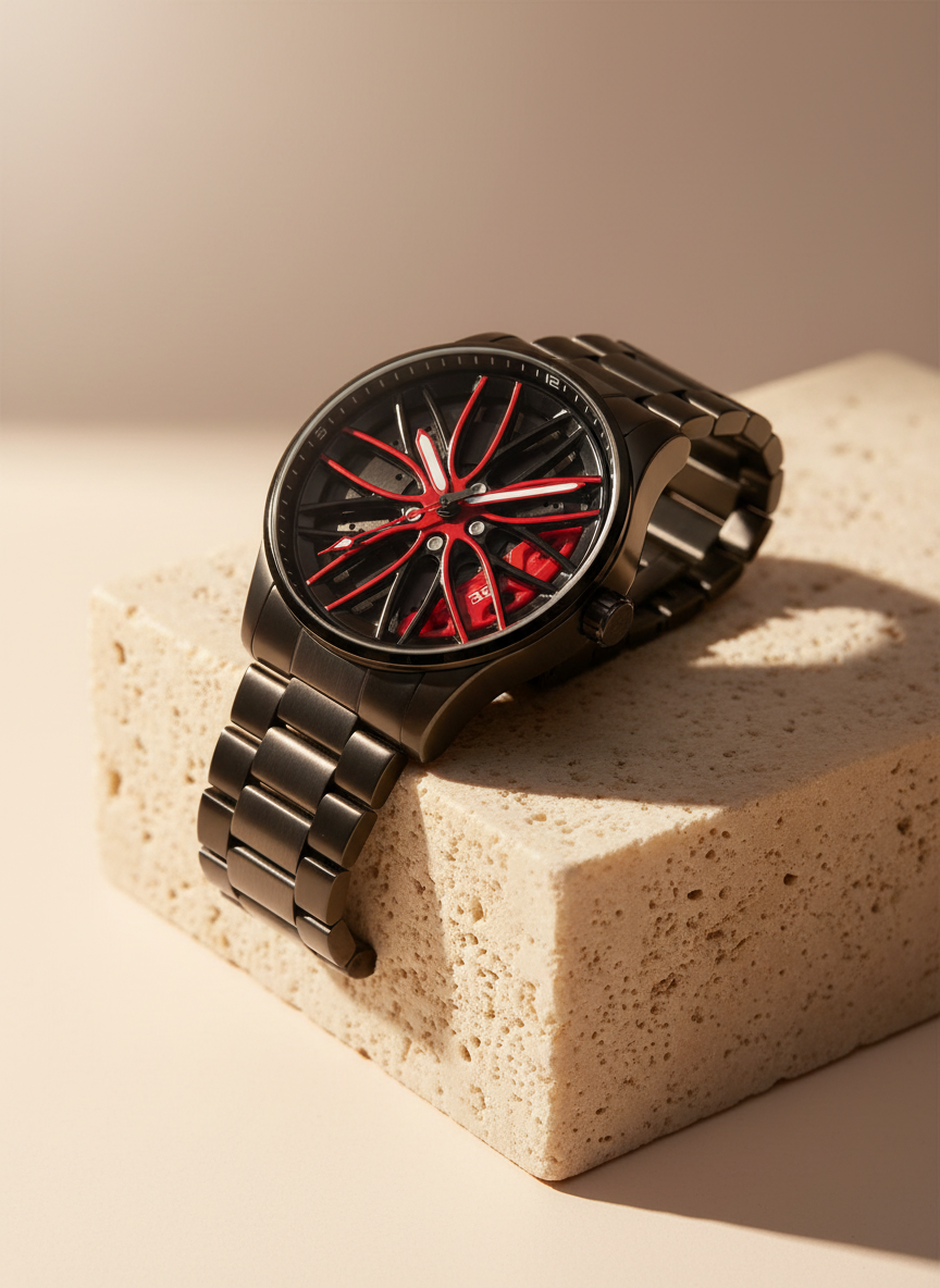 Rotating rim-style wristwatch on an ivory stone block