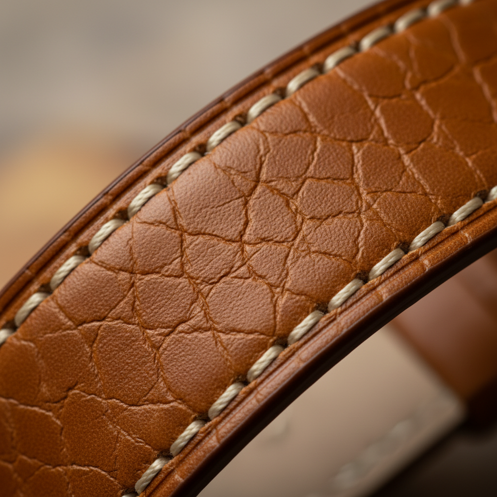 Macro detail of the saddle stitching on the cognac leather strap