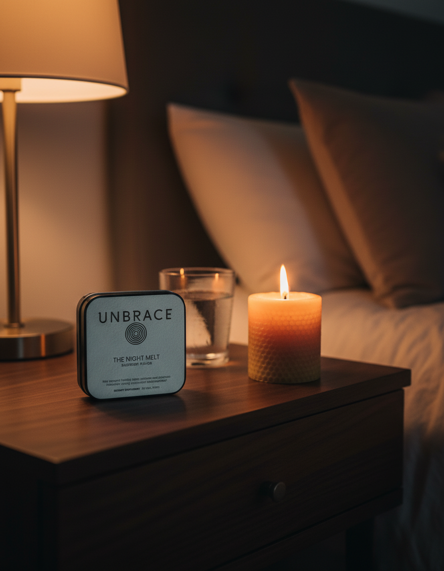 The Night Melt on a walnut nightstand beside a lit candle and a glass of water