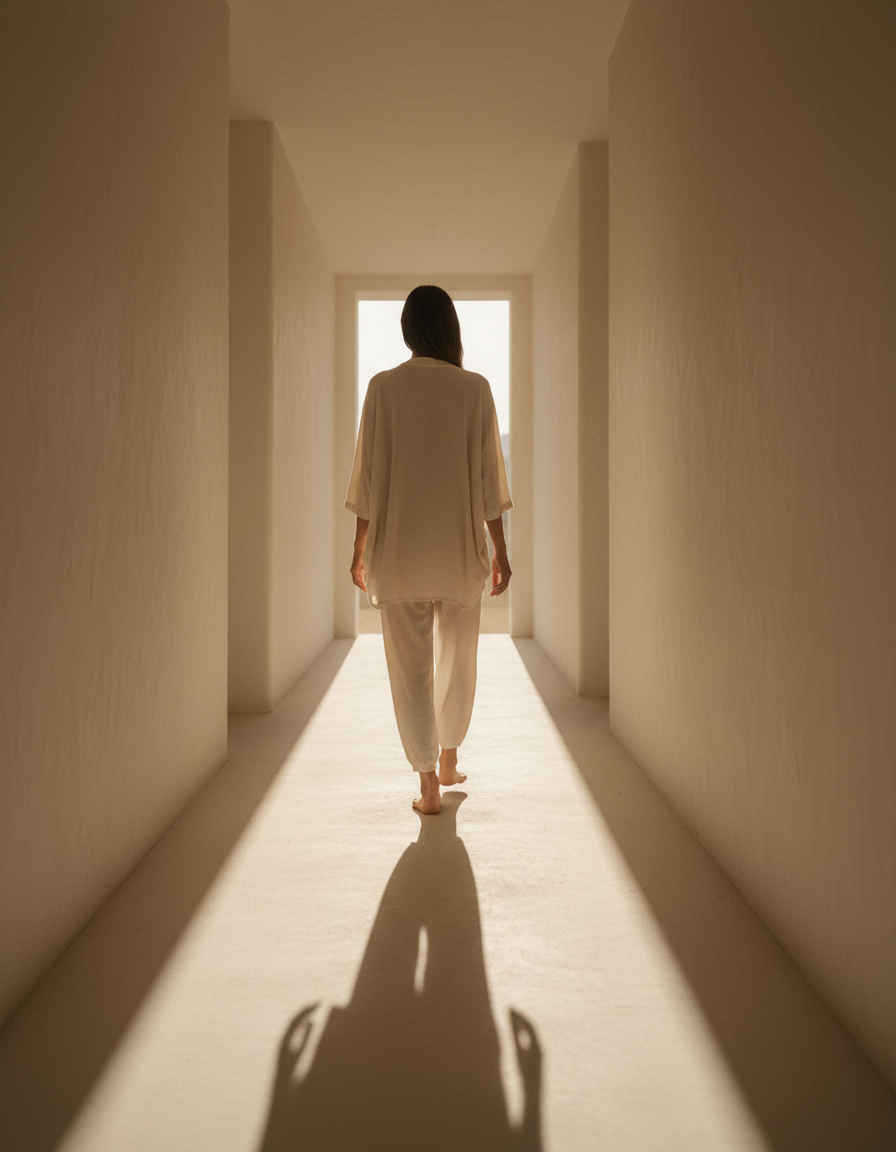 Person walking barefoot down a sunlit plaster hallway in loose loungewear