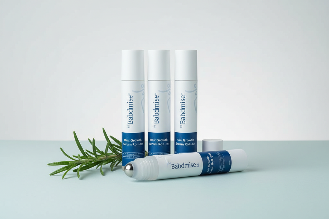 Three Hair Growth Serum Roll-On bottles arranged together with a sprig of rosemary