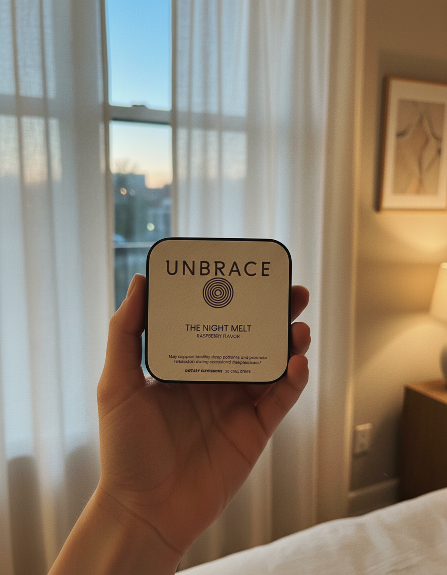 A hand holding The Night Melt in front of sheer bedroom curtains at dusk