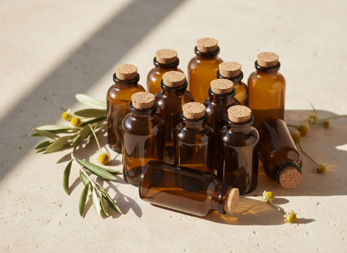 Nine plain amber supplement bottles crowded together on a pale stone counter