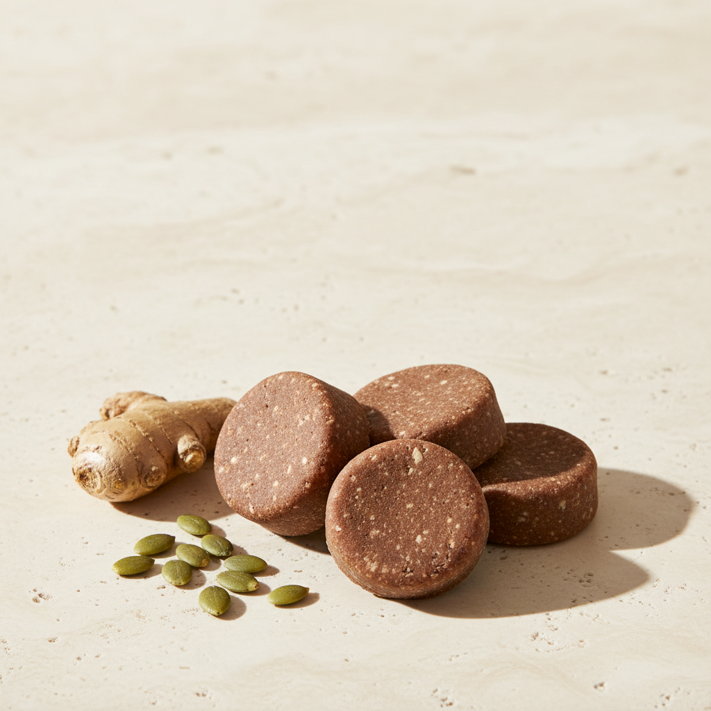Round ÉQUILIBRE chews with fresh ginger root and raw pumpkin seeds on an ivory travertine surface