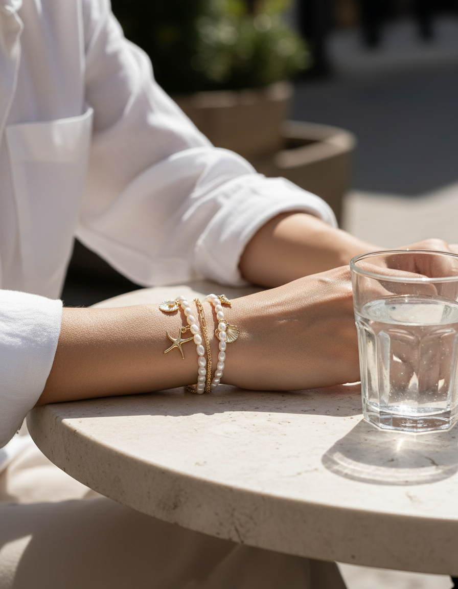 The bracelet worn under a rolled white linen shirt cuff at a cafe table