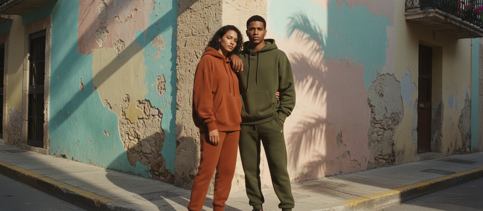 Two people wearing oversized fleece hoodies and cuffed joggers in warm autumn light on a sun-washed Caribbean street