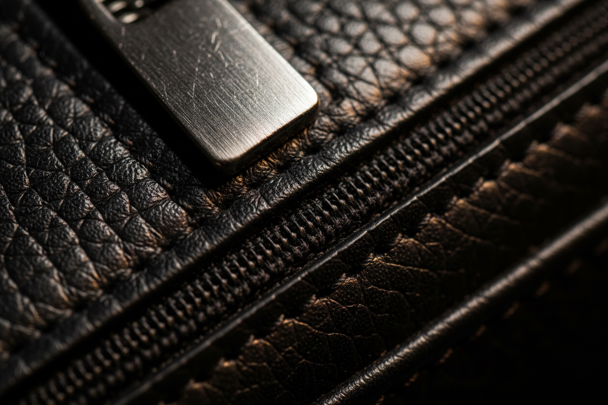 Macro detail of a hand-stitched seam in pebbled black calf leather beside a brushed metal zip pull