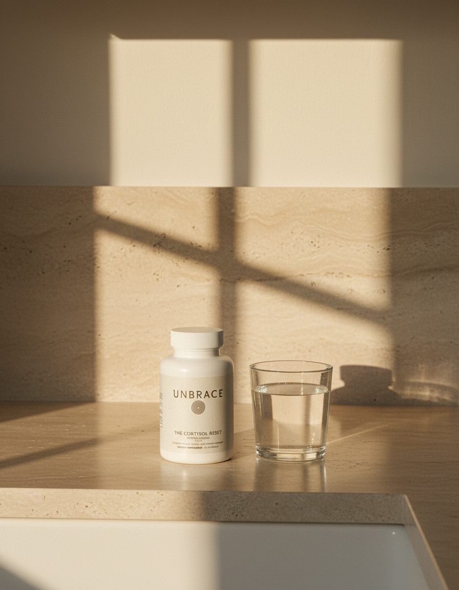 The Cortisol Reset on a travertine kitchen counter beside a glass of water in late light