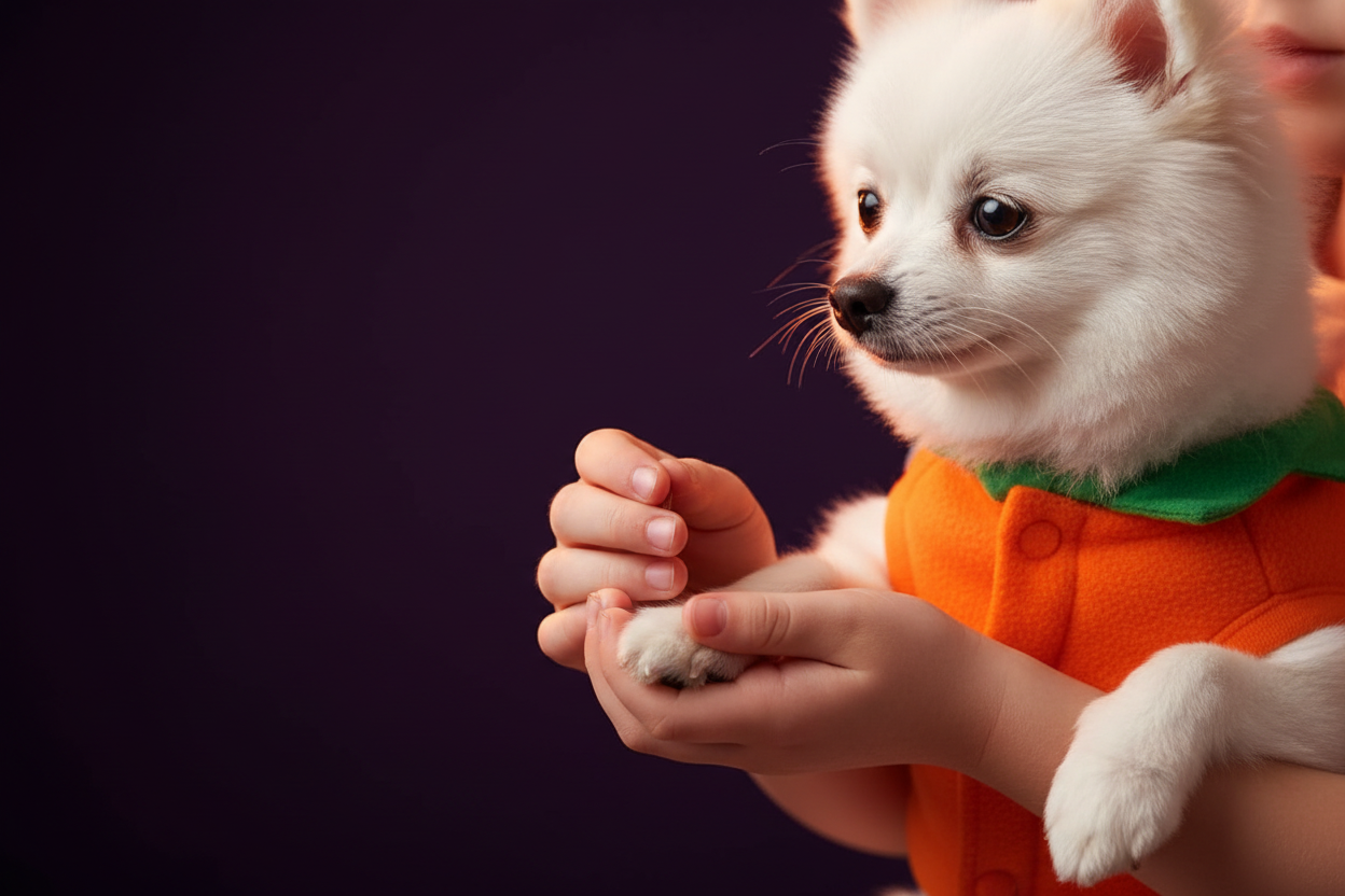 Manos de un niño acariciando la patita de un perro con disfraz de forro polar naranja