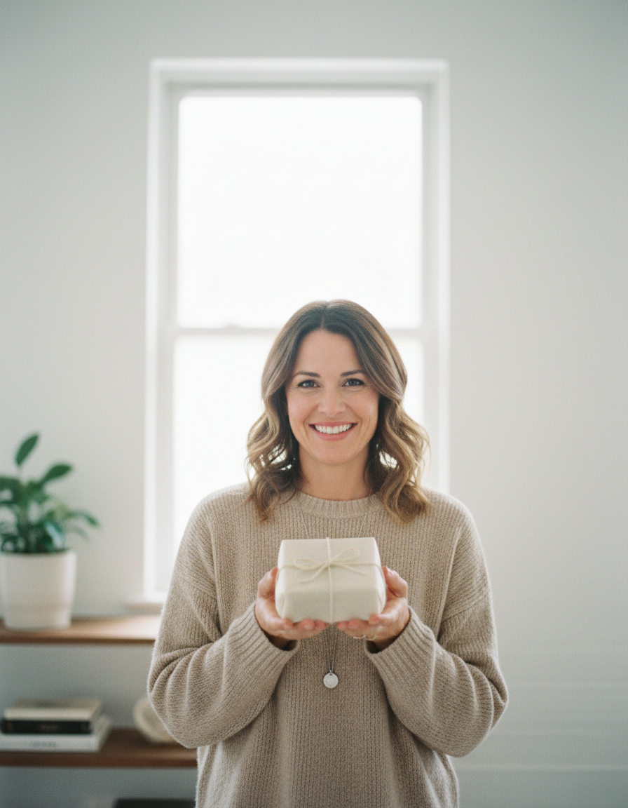 A customer smiling while unwrapping a tissue-wrapped parcel in a bright room