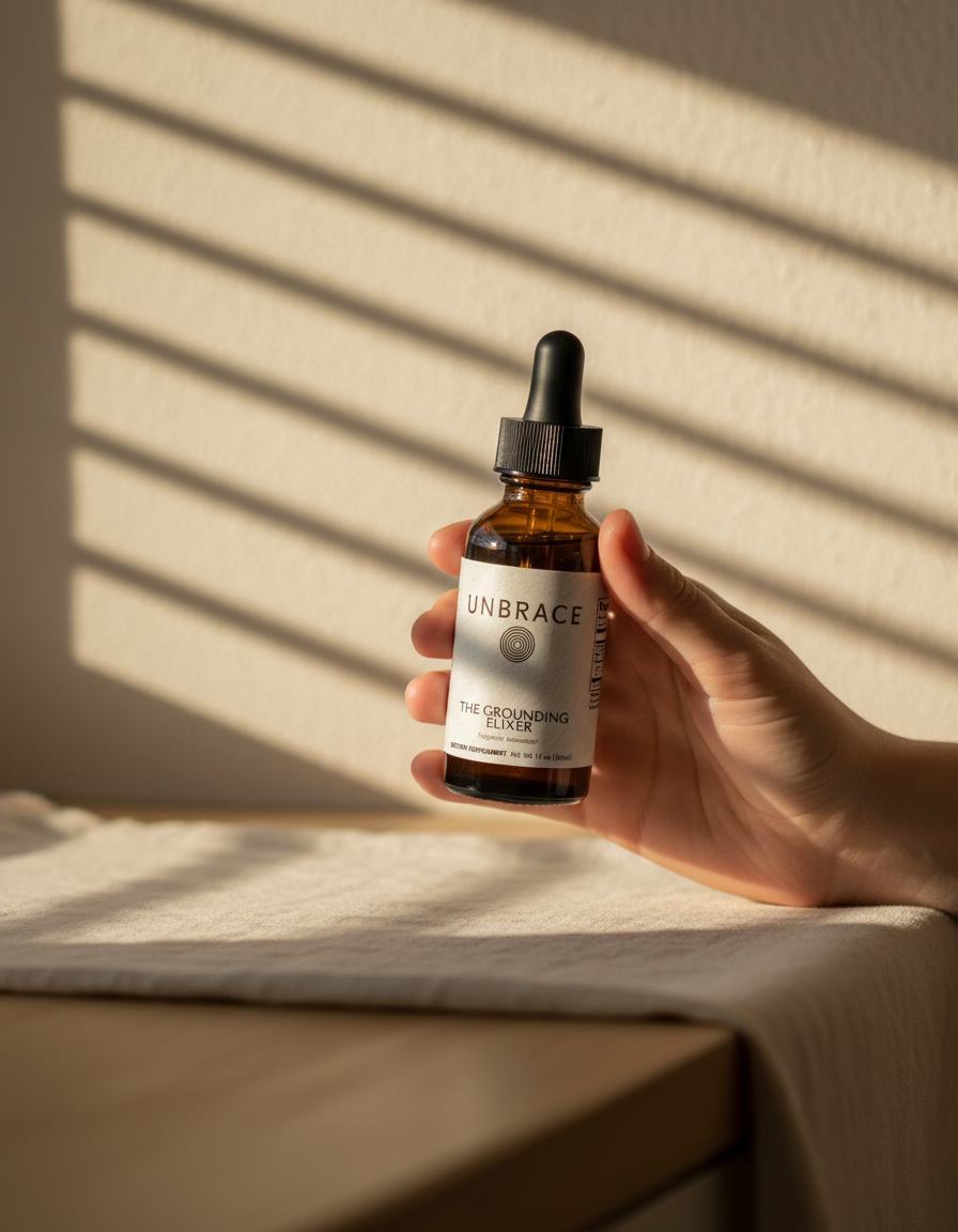 A hand holding The Grounding Elixer bottle in a sunlit kitchen