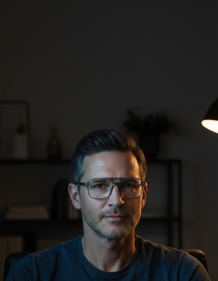 Man in his forties wearing VZN Frames St Barts Sterling Clear blue light glasses at his desk in the evening