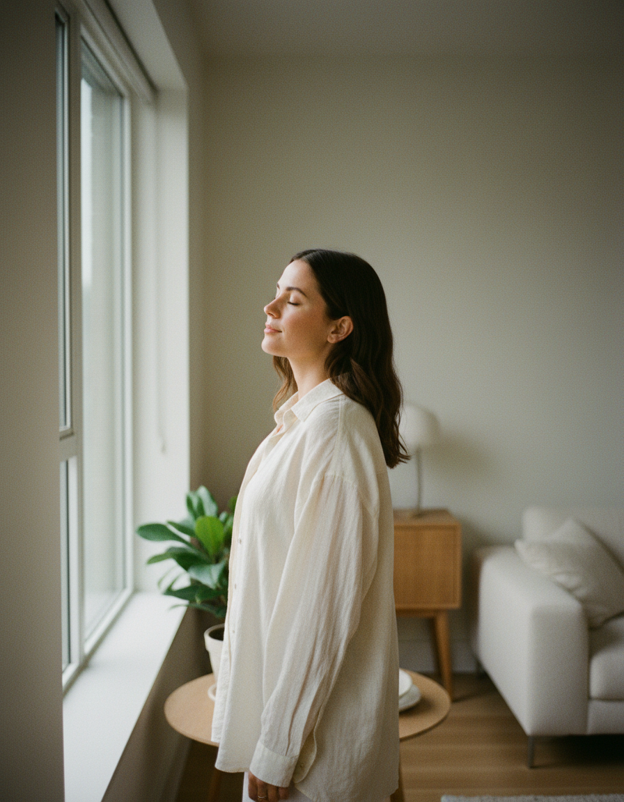 Woman in an oversized linen shirt standing at a window with her eyes closed